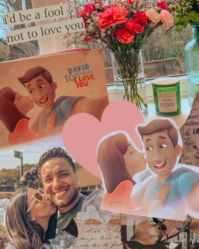 A collage of a Hooray Heroes love book and a couple with heir avatars.