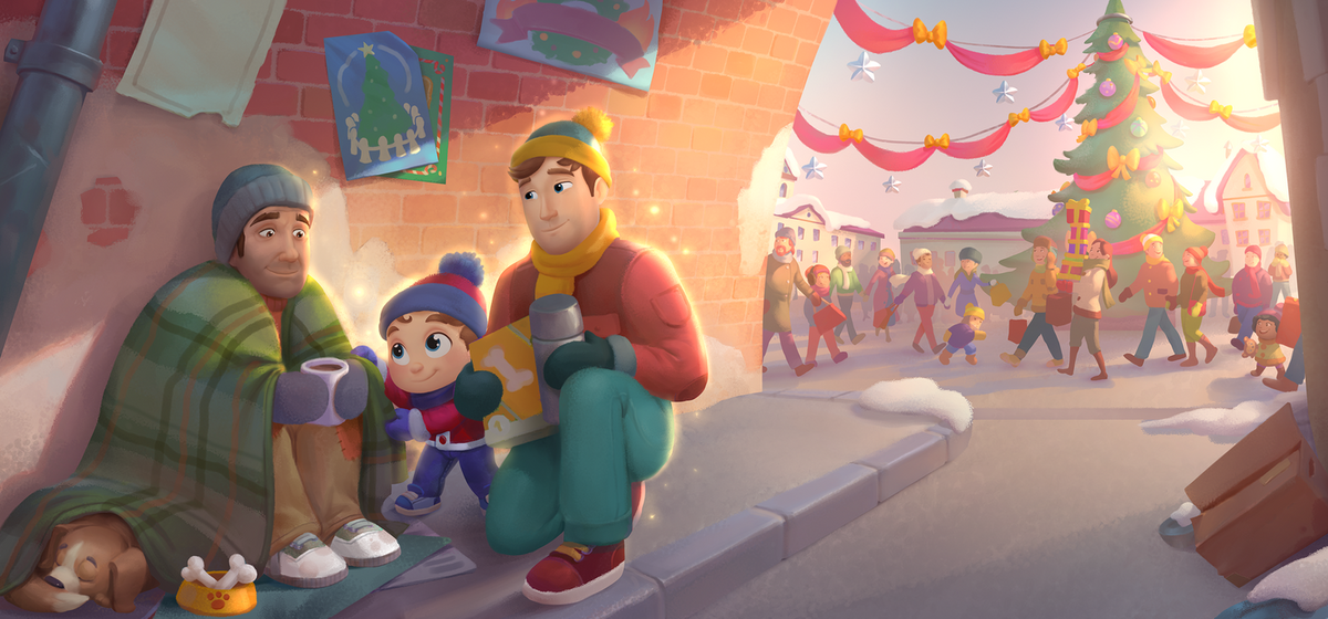A little boy and his dad bringing a homeless person a cup of tea - an illustration from the personalized Christmas book from Hooray Heroes.