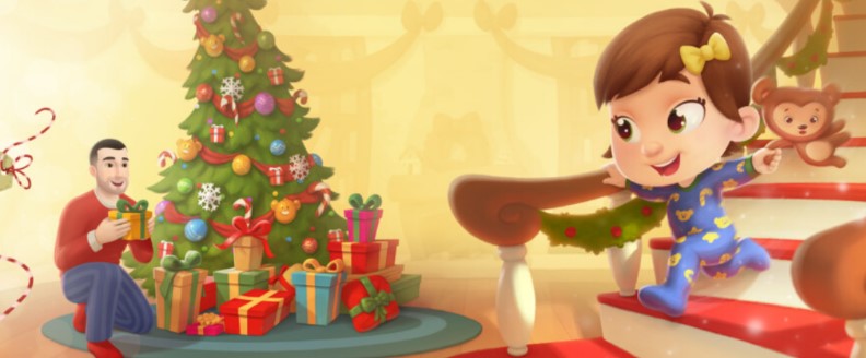 A child runs down the stairs on Christmas morning to her father, a page from a personalized Xmas book.