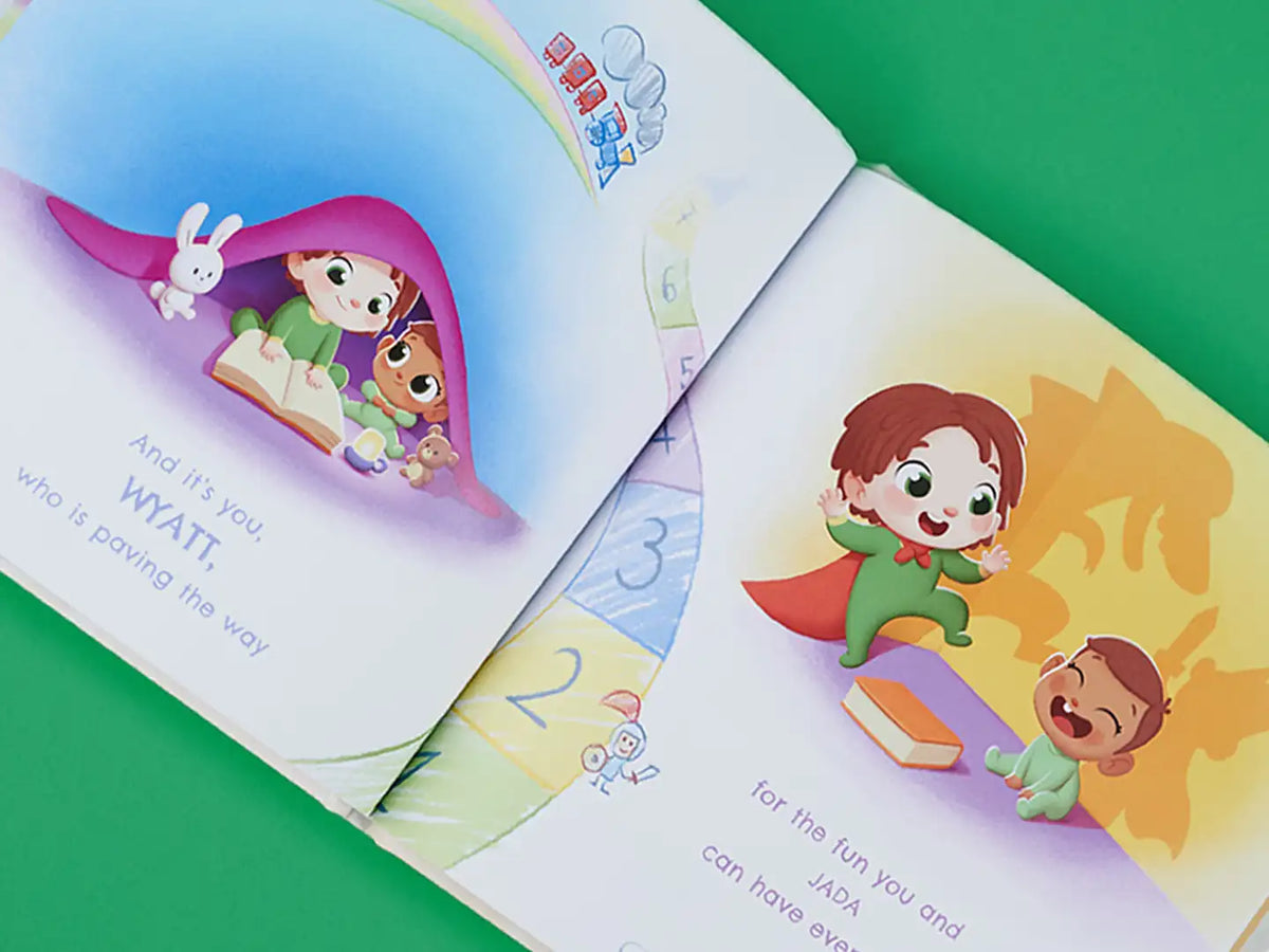 Fun and emotional illustrations from the personalized big brother book.