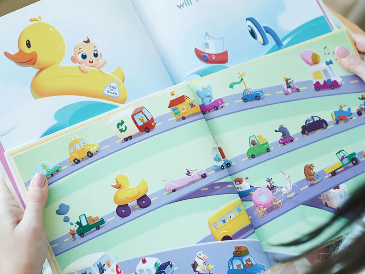 Fun illustrations celebrate becoming a big sister in a personalized book.