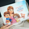 Woman showing the cover of personalized book for moms and her two kids.