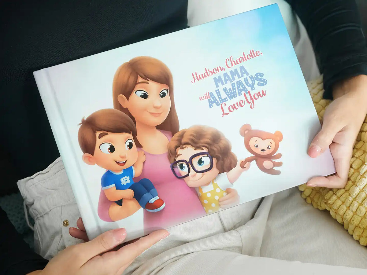 Woman showing the cover of personalized book for moms and her two kids.