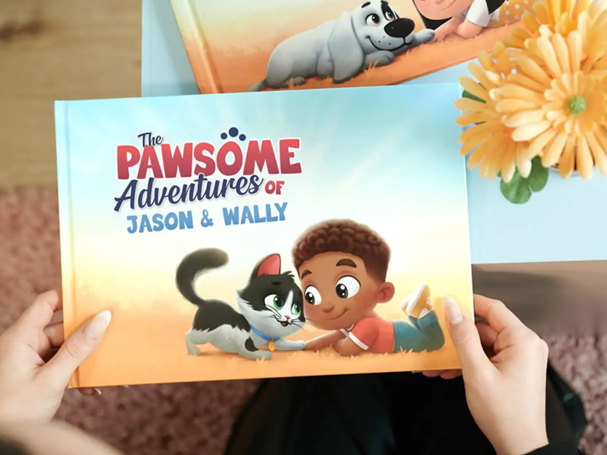 Woman holding a book for  child and his pet with custom characters.