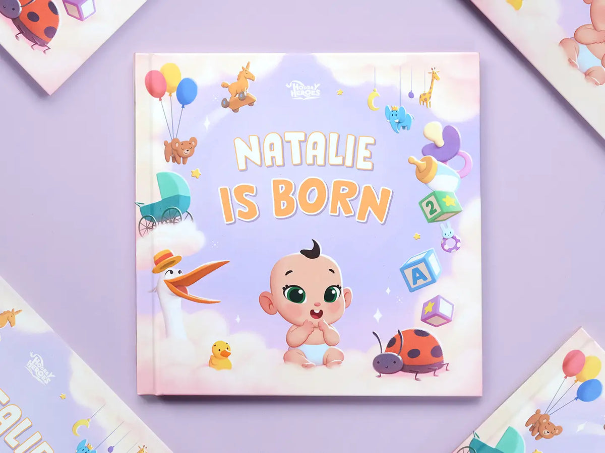 Cover of a personalized newborn book Natalie is born from Hooray Heroes.