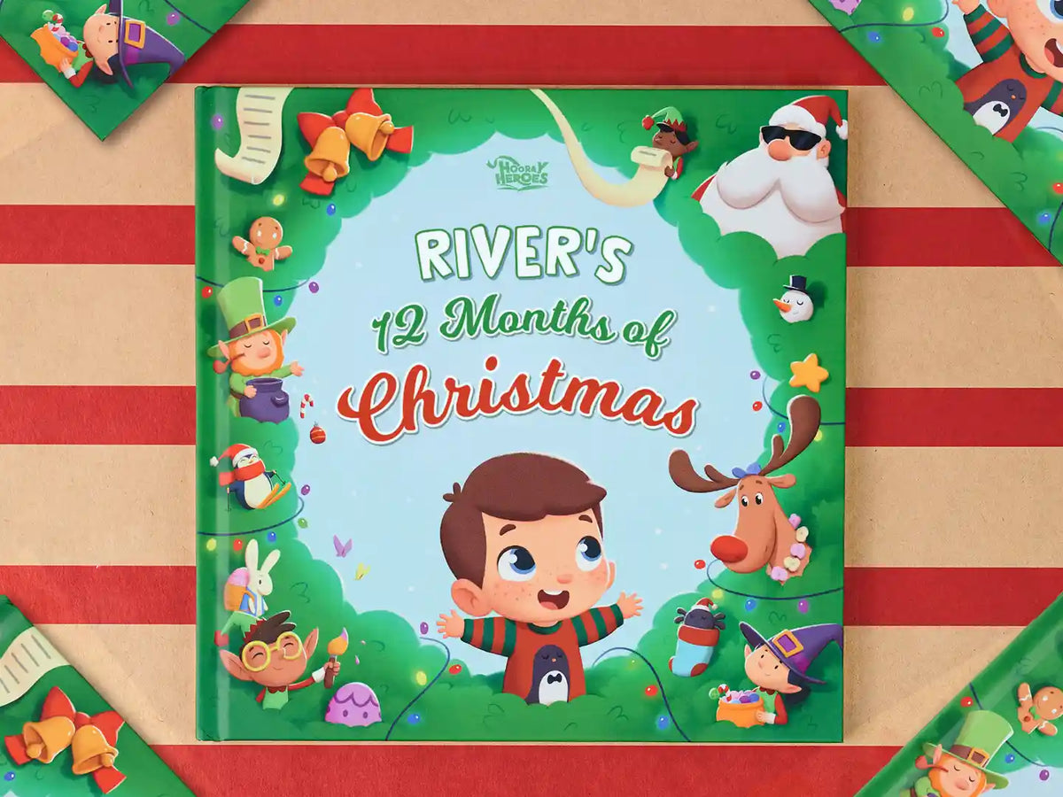 The cover of a Christmas custom book for kids with a boy on the cover.