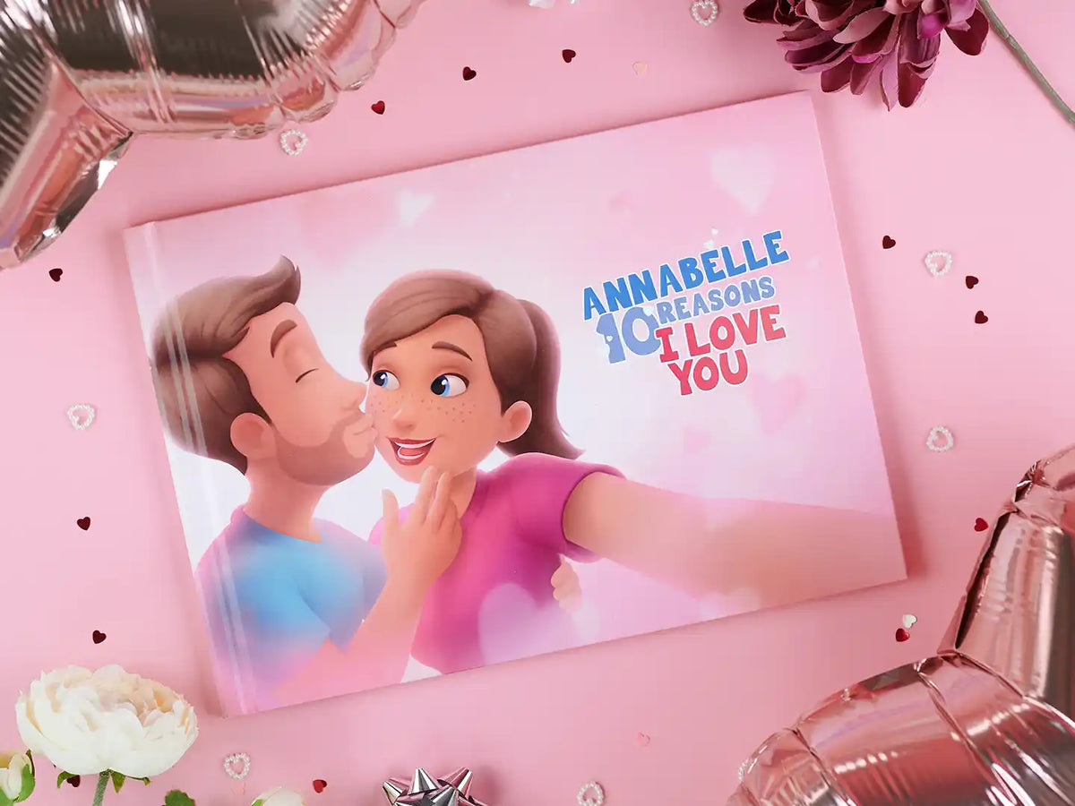 A Personalized book lying on pink table is a romantic gift for girlfriend.