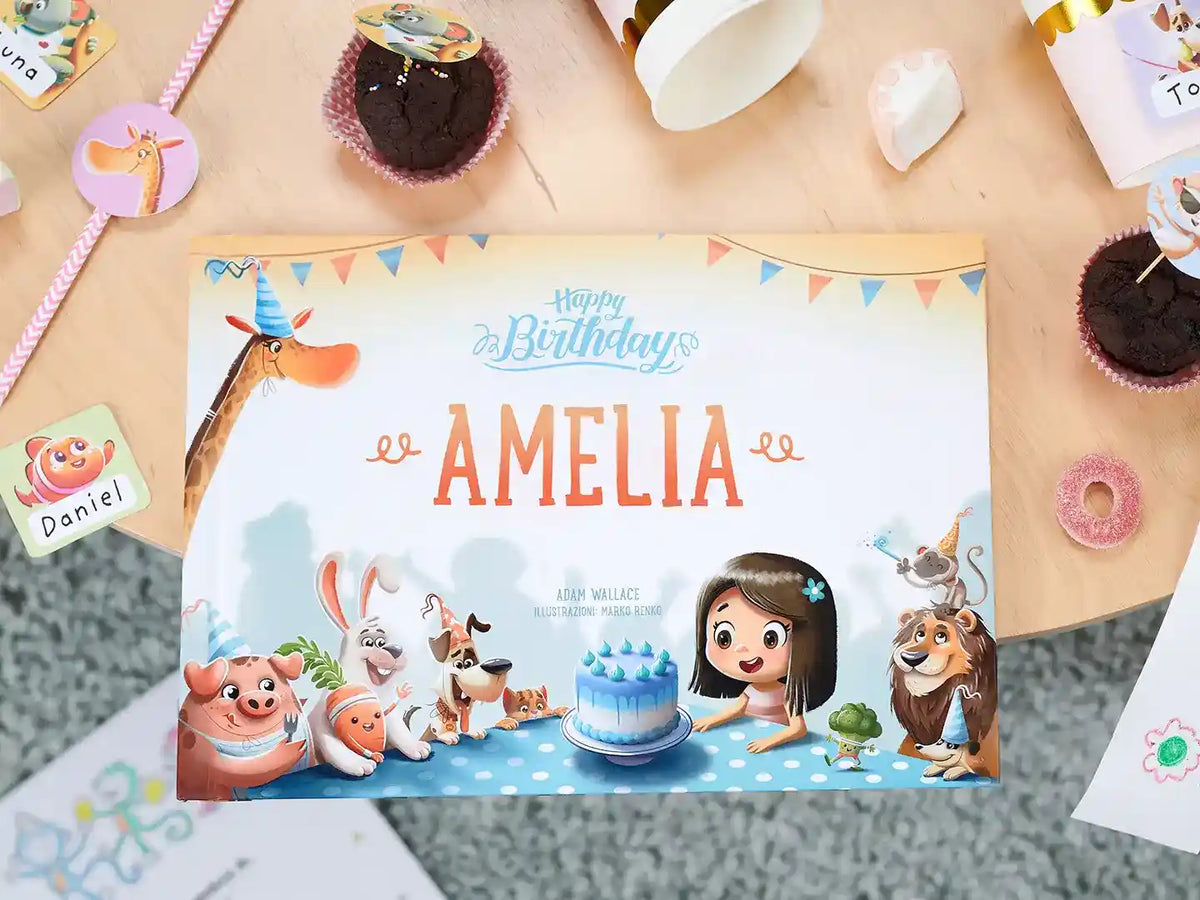 The cover of our bestselling personalized birthday book on the coffee table.