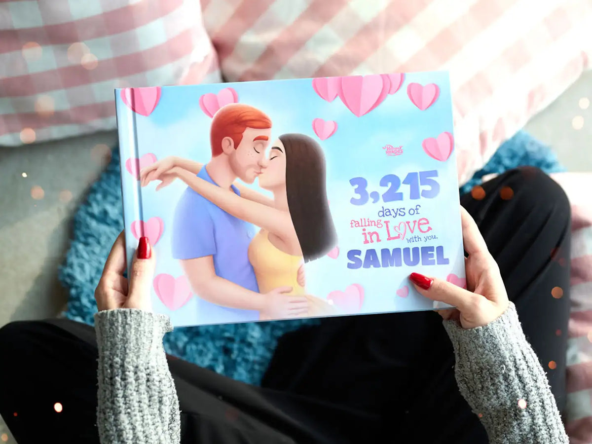 A woman holding a personalized love book that captures your story—an unforgettable gift idea for your wife, perfect for special moments like an anniversary gift, or as a thoughtful gift for your husband.