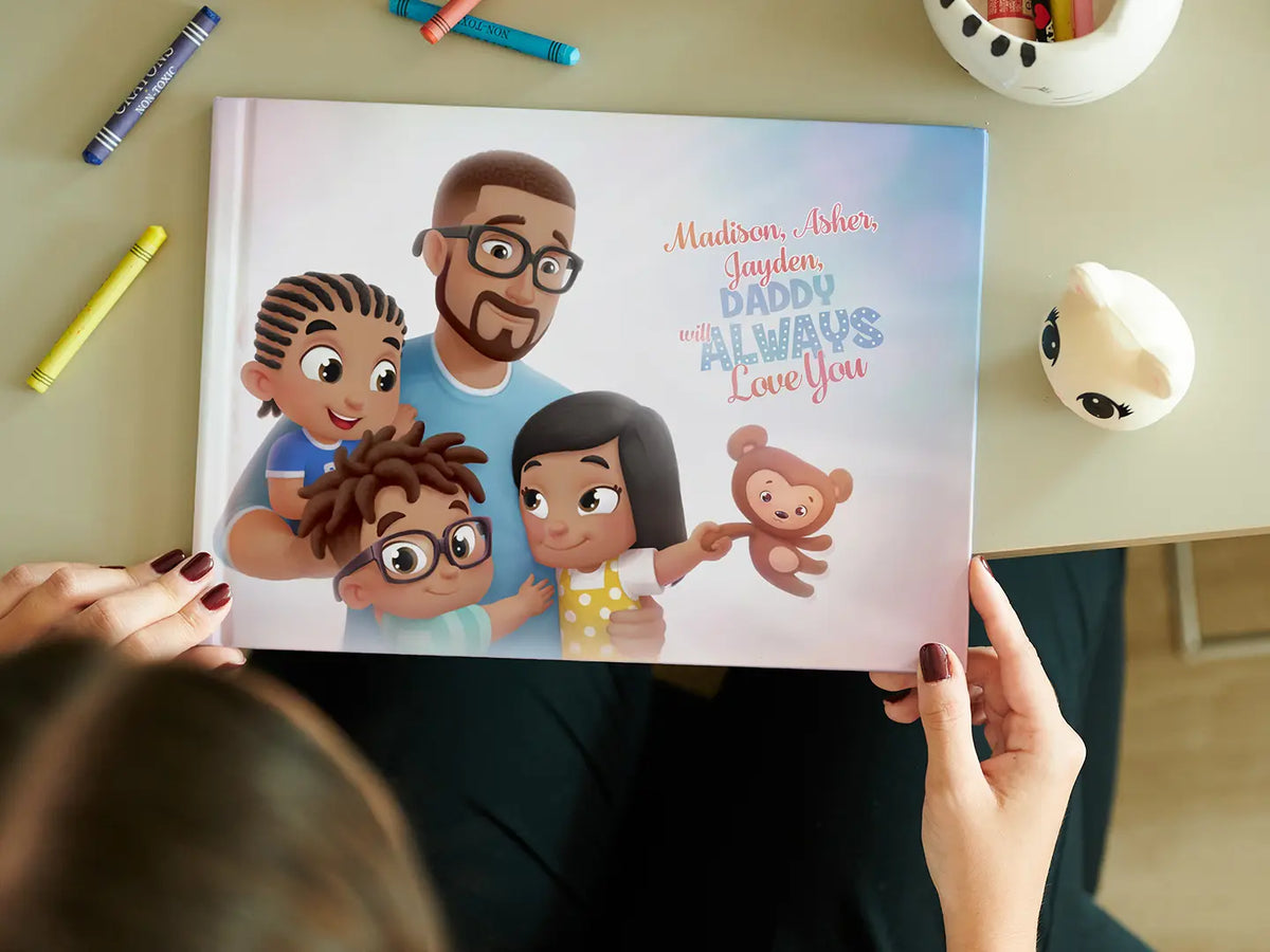 The cover of the customized book by Hooray Heroes where you personalize dad and his three kids which is also a great gift.