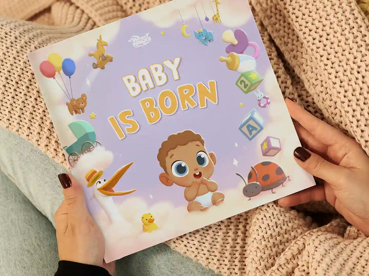 Woman holding a personalized book for newborn baby.