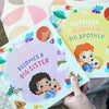 Beautiful personalized cover featuring the older sibling and a newborn.