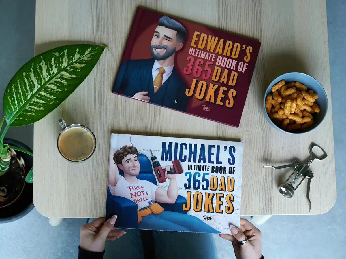 Two covers of our hot personalized book of dad jokes to choose from.