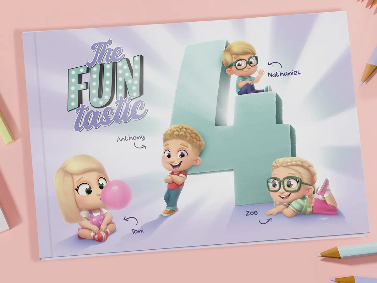 The cover of the amazing personalized book for four kids.