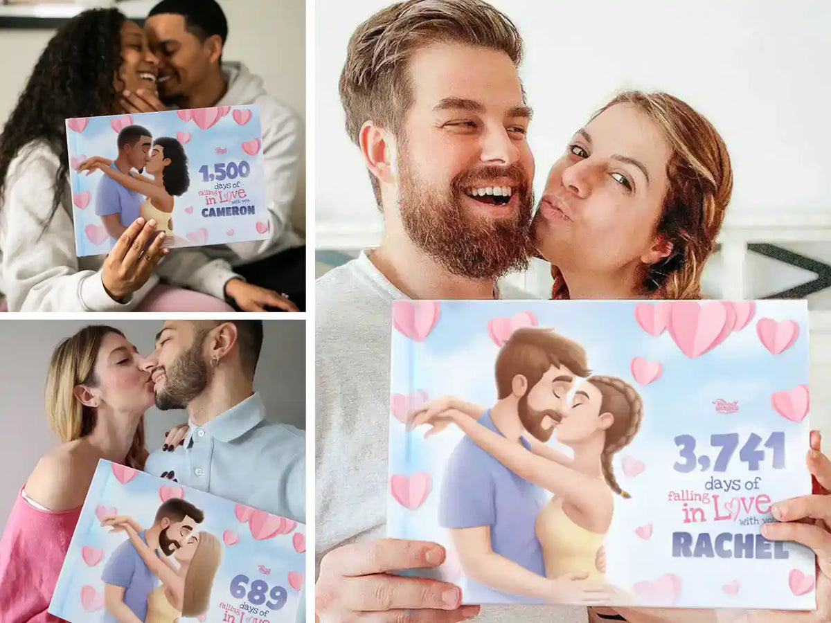 Couples holding their 500 Days of Falling in Love with You personalized book—a heartfelt gift for your husband at Christmas or a perfect Valentine’s Day gift.