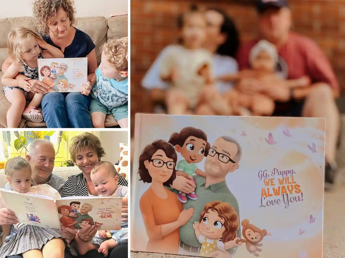Portfolio of different family reading our Hooray Heroes personalized book for kids and grandparents. The best gift  Christmas gift for grandma.