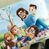 A spread from a customized book for dad and three kids enjoying a picnic in nature.
