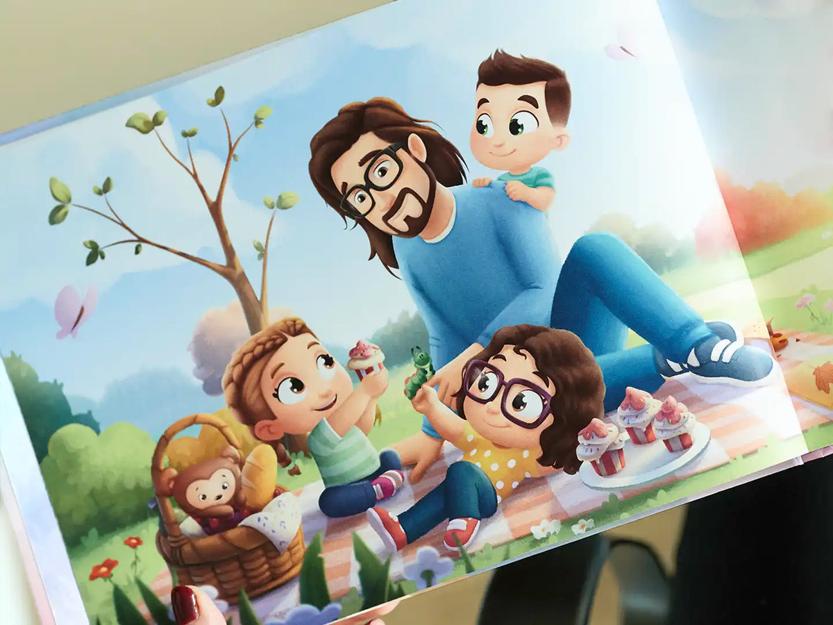 A spread from a customized book for dad and three kids enjoying a picnic in nature.