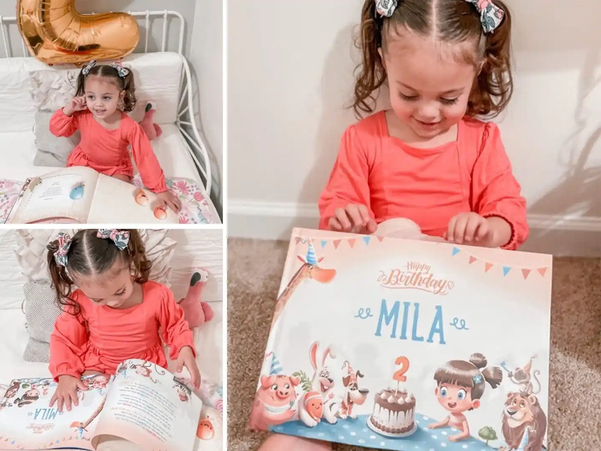 Little girl is so happy she received a custom book for her second birthday from Hooray Heroes.