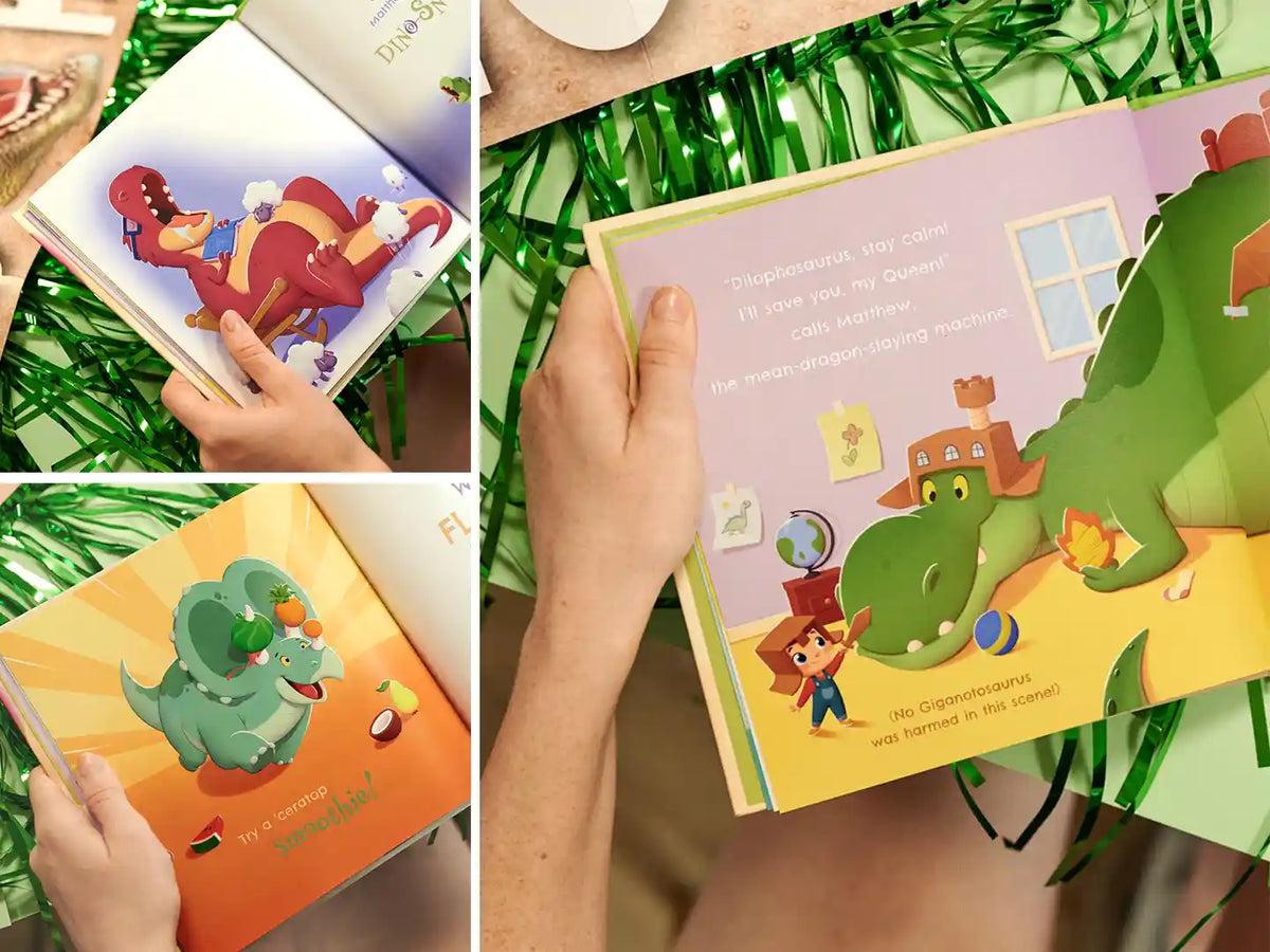 Fun and colorful illustrations from the new custom dino book for kids.