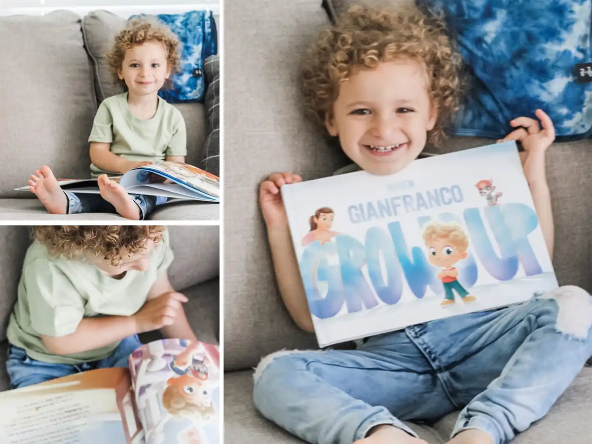 Boy holding the ultimate personalized gift for moms, with 10 beautiful stories inside the book.