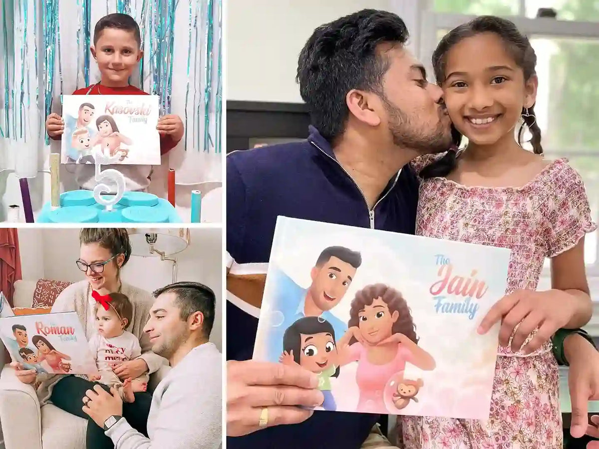 Happy families enjoying their personalized family book which is a great Christmas gift.