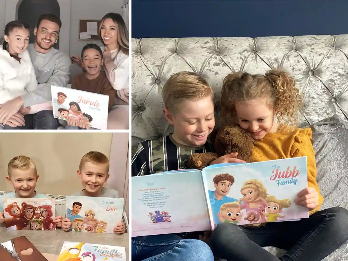 Kids and parents are having fun while reading their personalized book for family.
