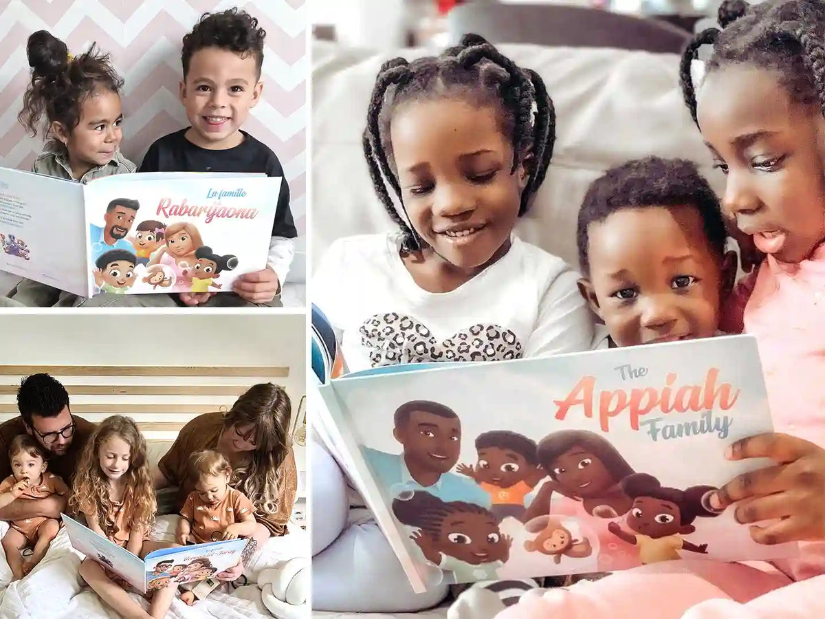 Kids and parents are having fun while reading their personalized book for a family of five which is a great gift for Father's Day. 