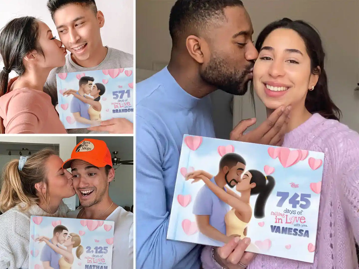 Happy couples holding their perfect anniversary gift—an emotional custom book where you can include the number of days you’ve been together.