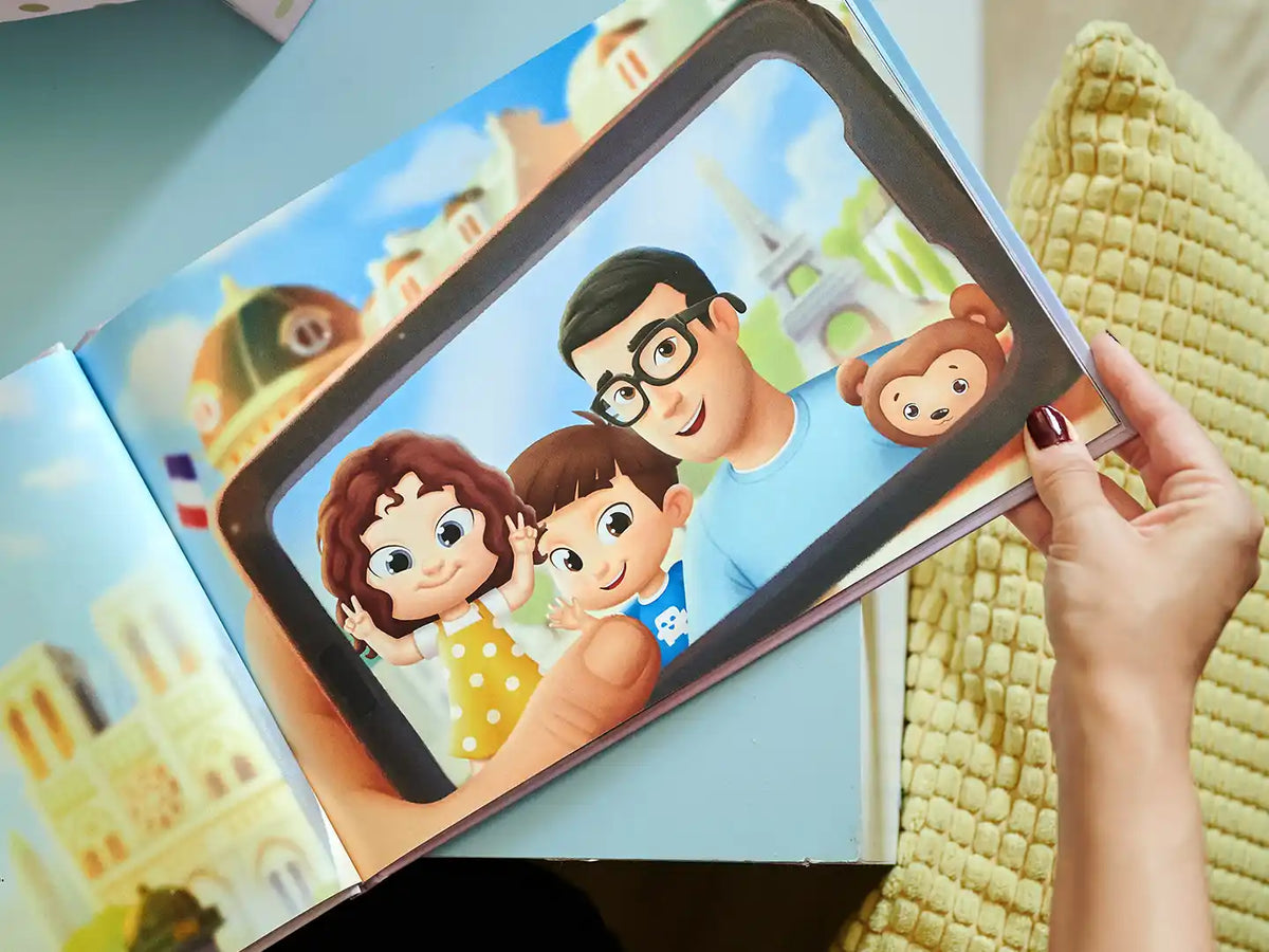 A cute illustration of a selfie of a dad and his two kids from a custom book that is a great Christmas gift.