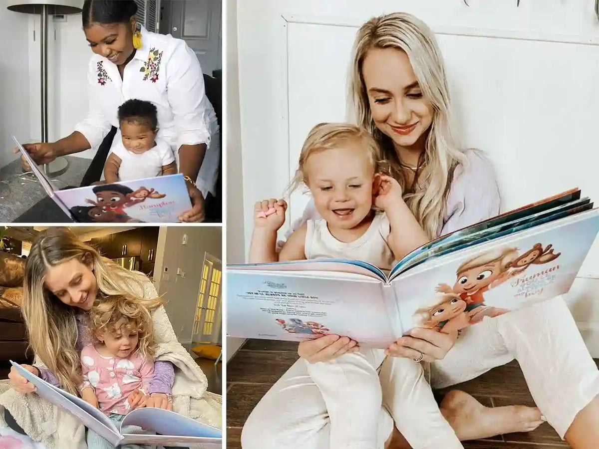 Moms reading their customized book to their kids and are happy with their meaningful gift for birthday.