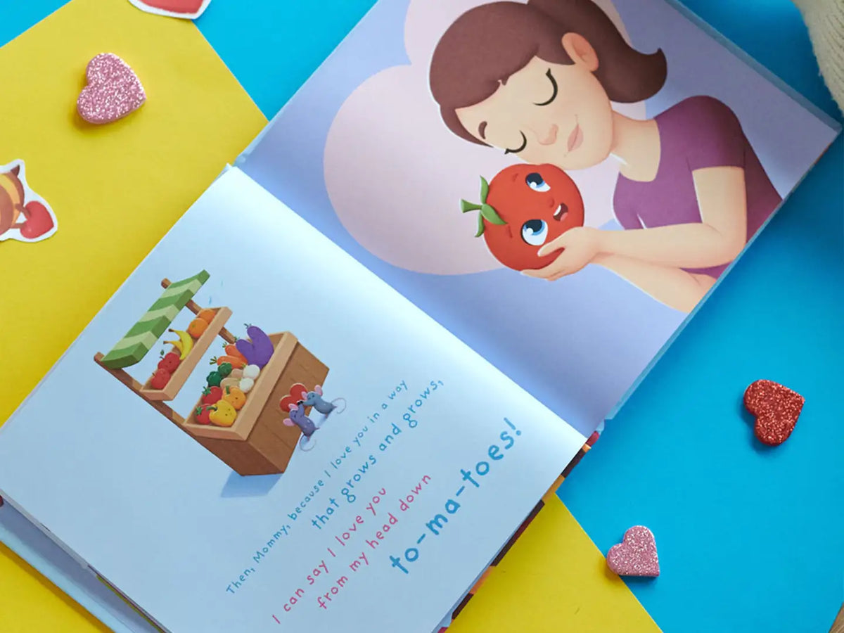 Cute illustrations and fun rhymes about love from a personalized book from kids to their mom for Valentine's Day.