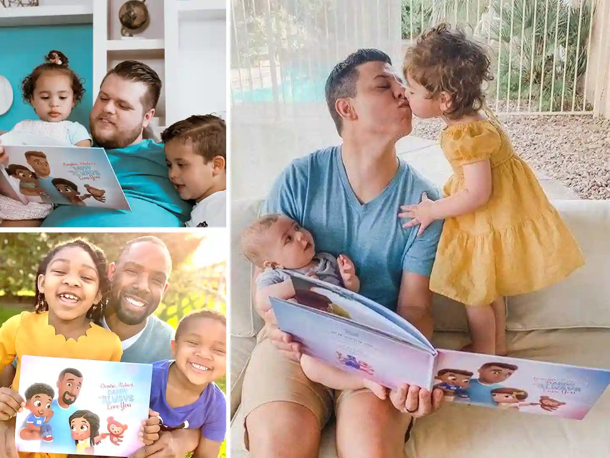 Dads and kids are happy reading a book just about them.