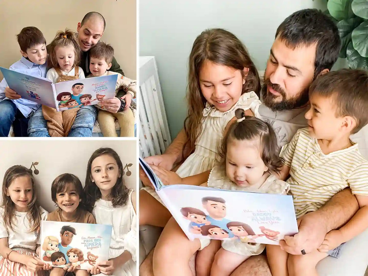 Dads reading a very special gift to his three kids which is a DIY book for Father's Day.