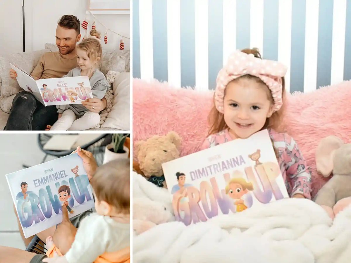 Smiling kids discovering Personalized Daddy Book tailored just for dad and his child.