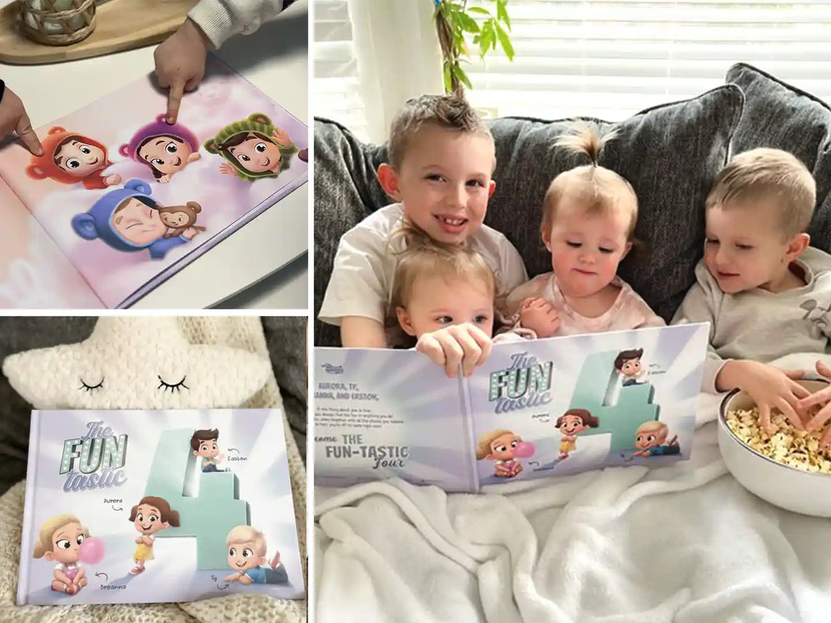 Four cute siblings are smiling and reading their very own custom book made just for them which is a great personalized present for four kids.