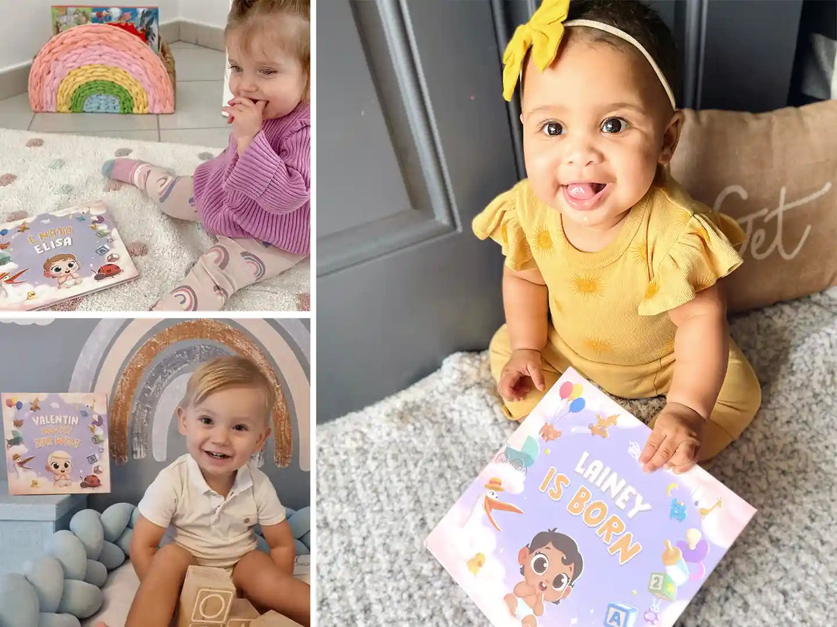 Babies sweetly posing beside their custom baby book, which is a great gift for new families.
