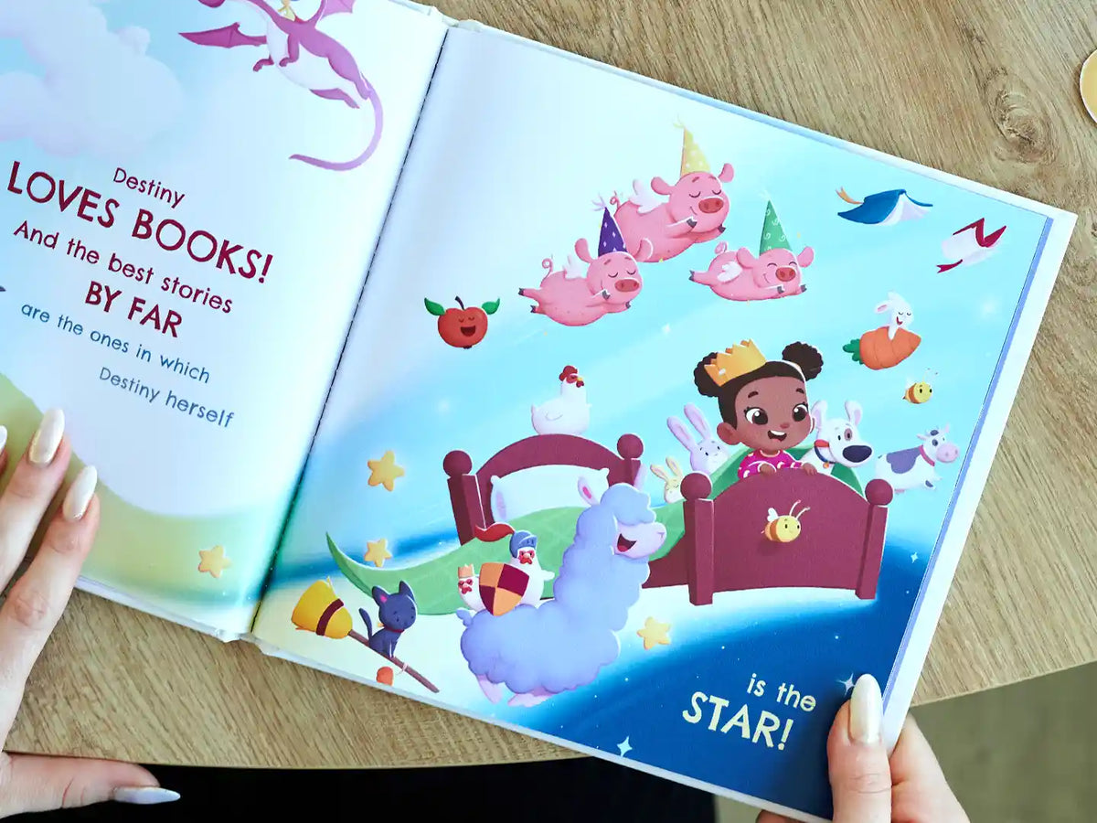 Cute custom illustrations feature the child as the main character as they get ready for bed.
