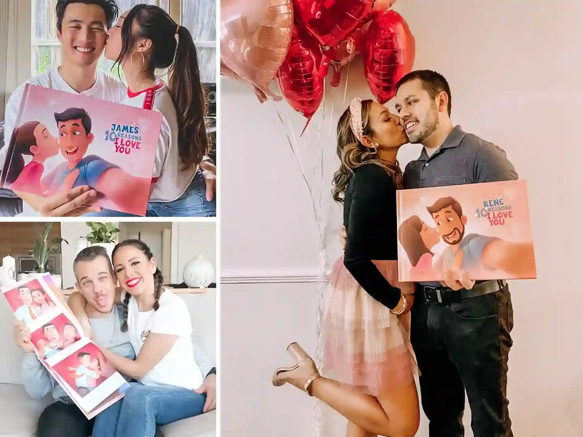 Men and women making cute faces while celebrating romantic Valentine's Day with their perfect gift which is a personalized book.