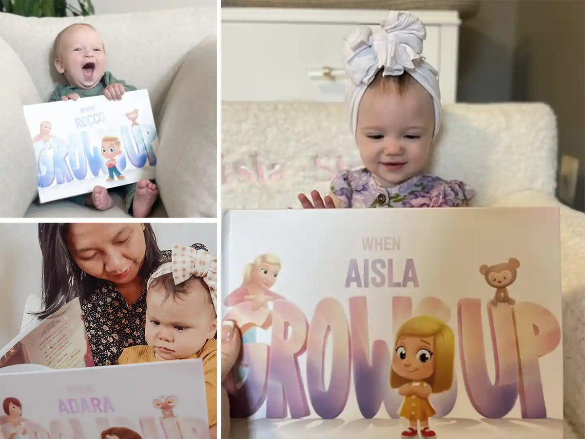  Kids holding the perfect Mother's day gift which is exclusive personalized mommy and me book.