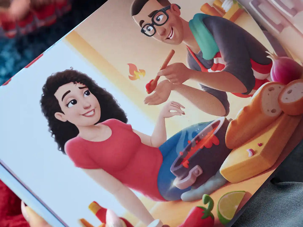 Fun illustration about cooking from our new personalized book for couples Premium Edition makes a luxurious Christmas or birthday gift with its stunning shiny cover and extra stories.