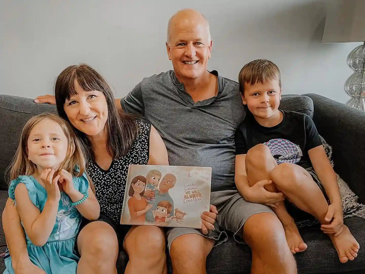 A family about to read a grandparents gift idea: a Hooray Heroes' personalized book for granny and grandpa with the kids.