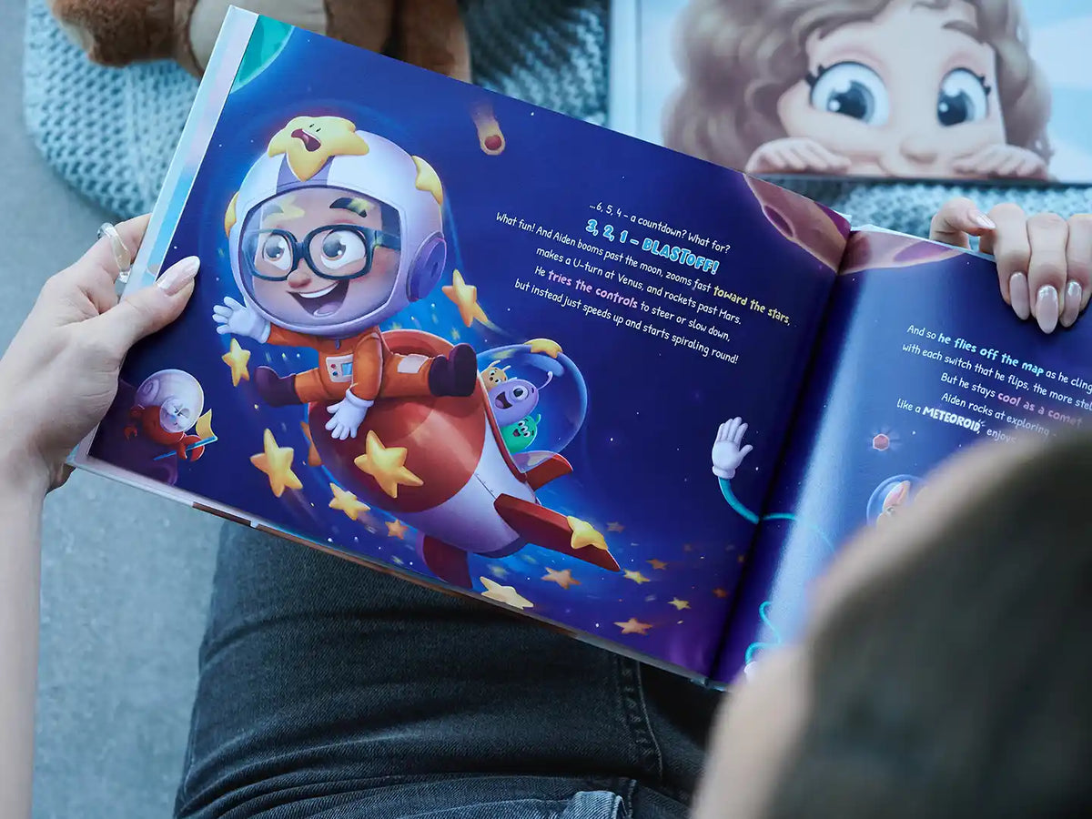 Fun illustrations from a personalized storybook showcasing a boy embarking on an adventure to space.