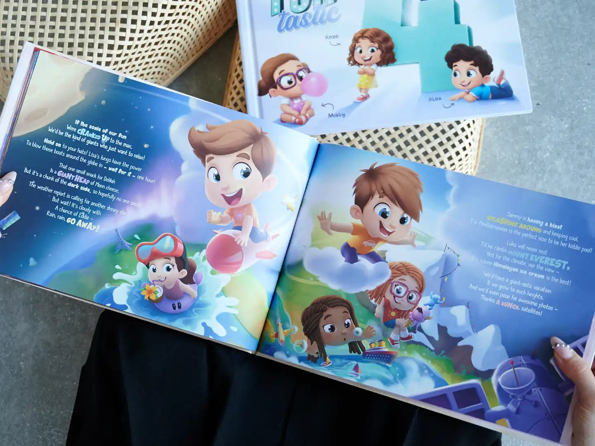 A beautiful illustration of kids enjoying water fun from the custom book for five children, making it a perfect birthday gift.