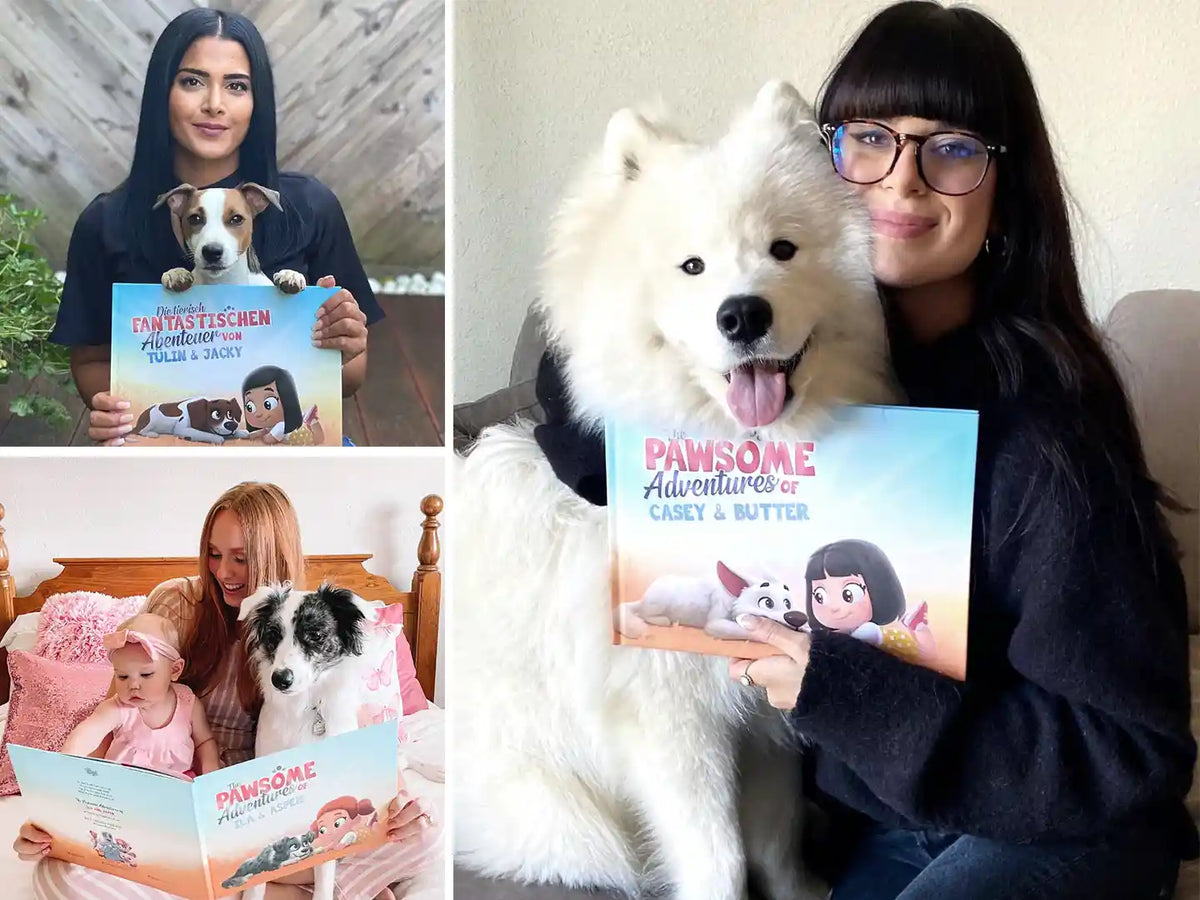 Lovely pet owners reading their DIY pet book which is suitable for adults or kids.