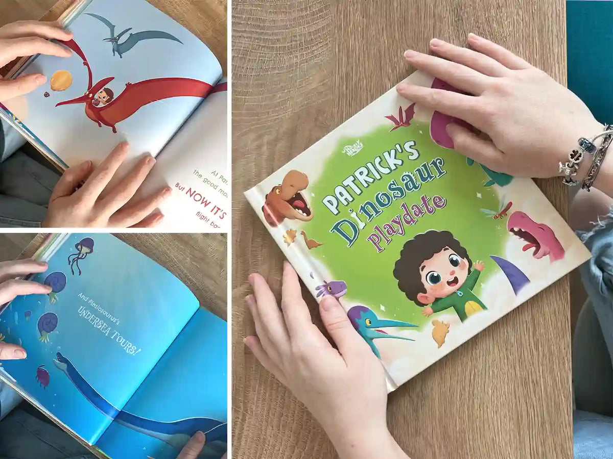 Showing the cover of Patrick's 'Dinosaur Playdate' and colorful illustrations that depict different adventures with dinosaurs.