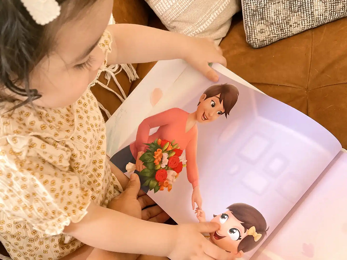 Girl looking at beautiful illustrations from her new personalized mom book.
