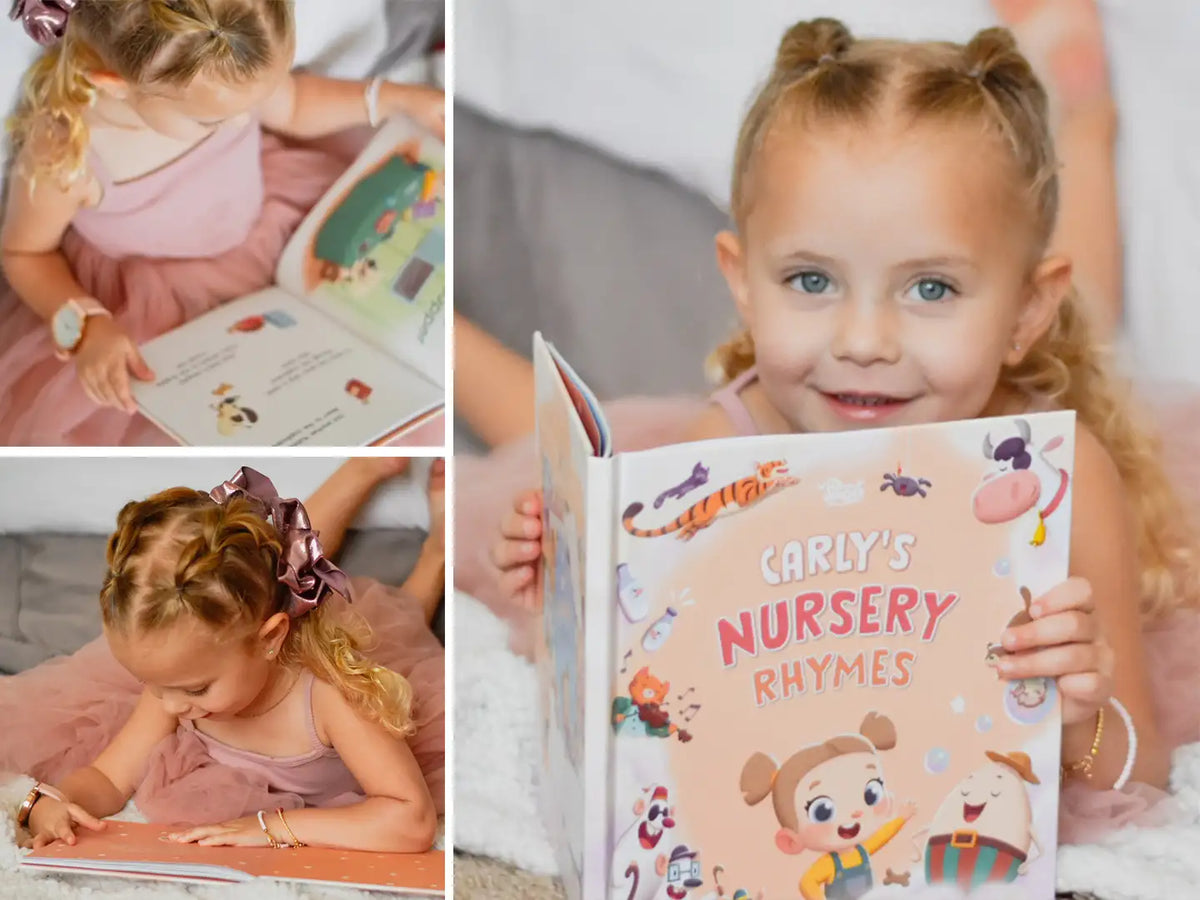 A girl named Carlie is excited about her new personalized book with goodnight rhymes for little kids.