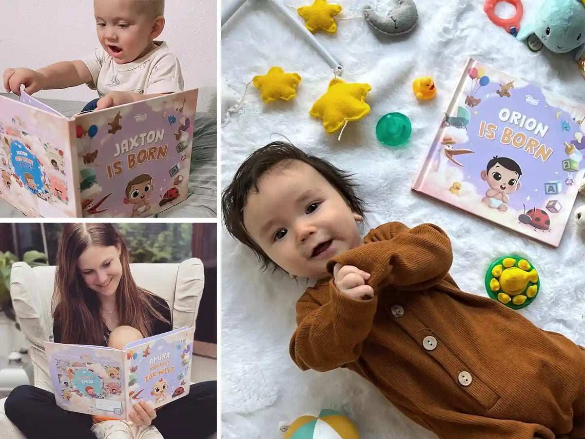 Beautiful smiles of babies with their personalized book they received at birth.