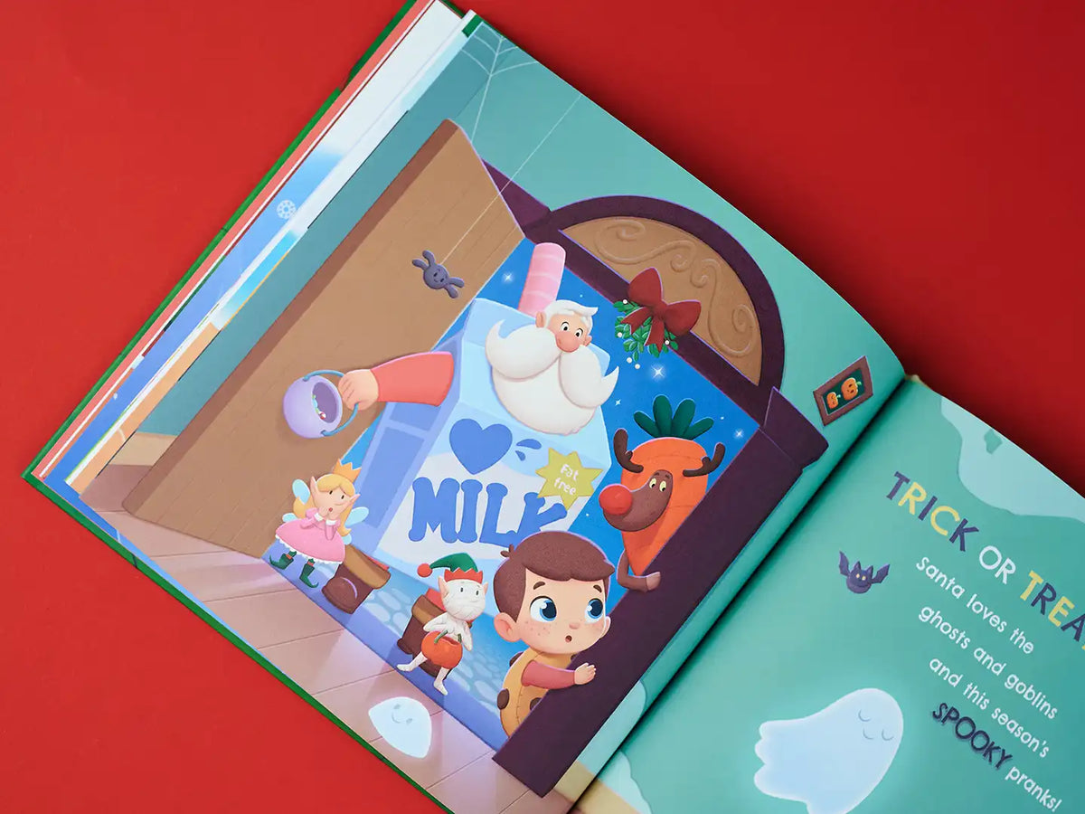 An illustration depicting Santa going trick-or-treating with a little boy that you can personalize.